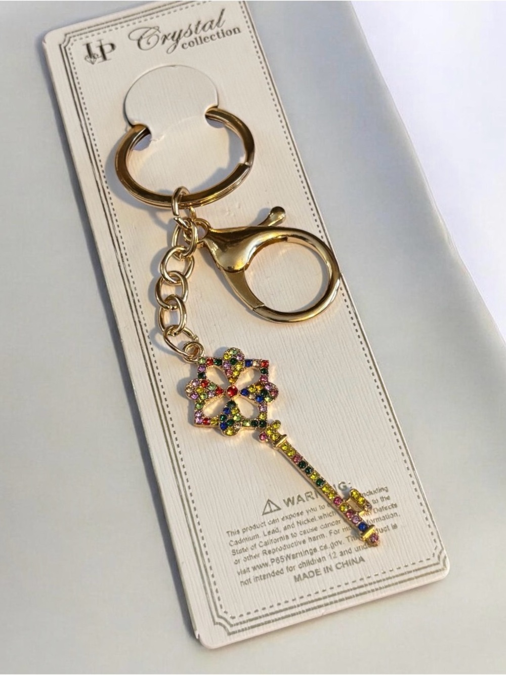 Gold-Tone Multicolor Crystal Key Charm Keychain - Women Accessories - Picture 3 of 3